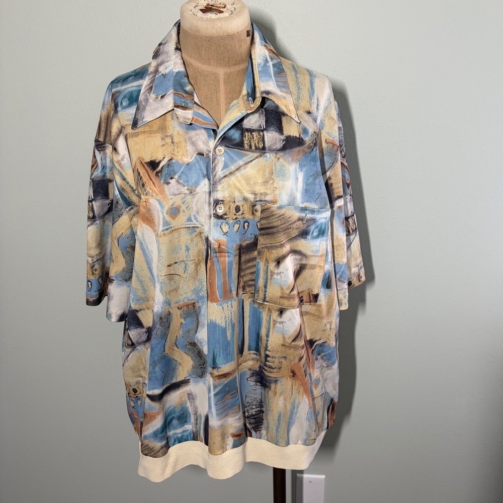 Alan Stuart Vintage 90s Abstract Art Print Banded Hem Shirt Mens XL Blue Tan USA